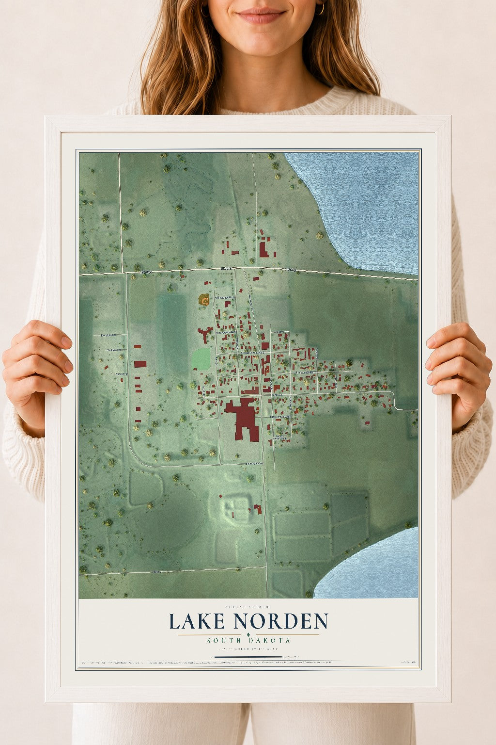 Map of Lake Norden, South Dakota, 18 x 24 inch print in a white wood frame