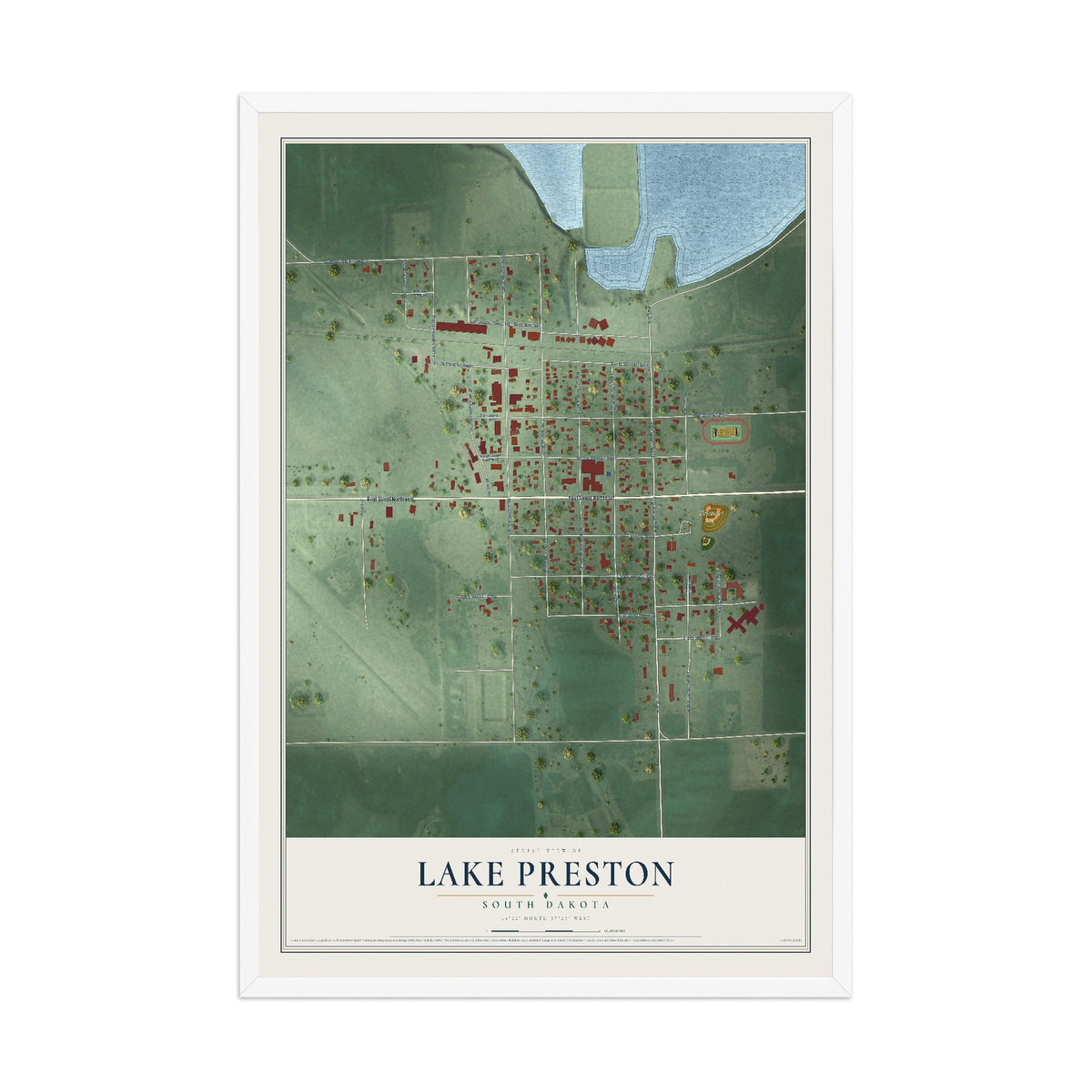 Map of Lake Preston, South Dakota, 12 x 18 inch print in a white wood frame