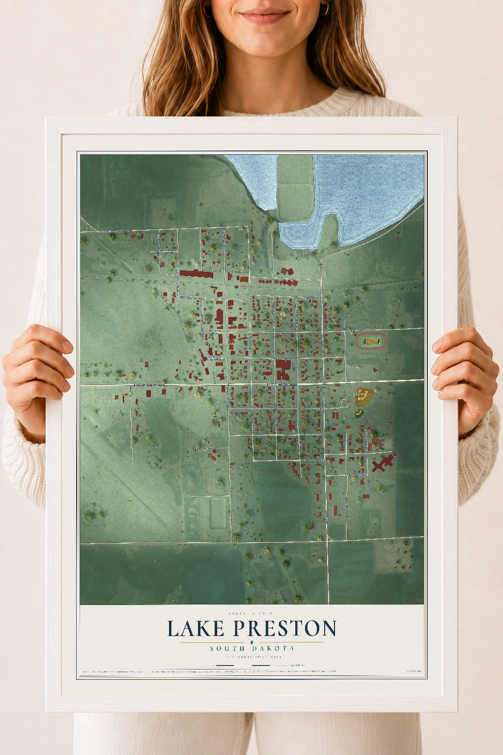 Map of Lake Preston, South Dakota, 18 x 24 inch print in a white wood frame