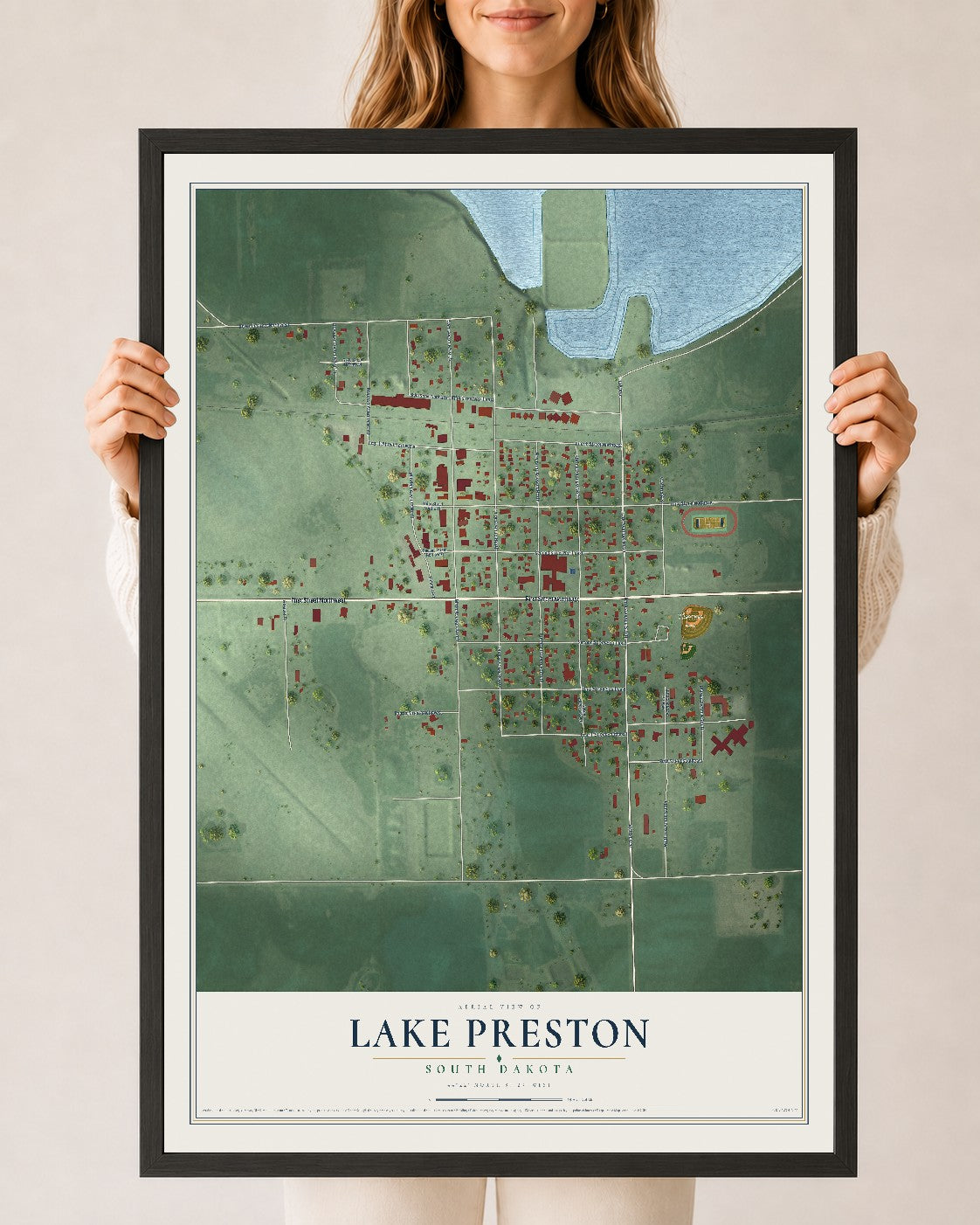 Map of Lake Preston, South Dakota, 24 x 36 inch print in a black wood frame