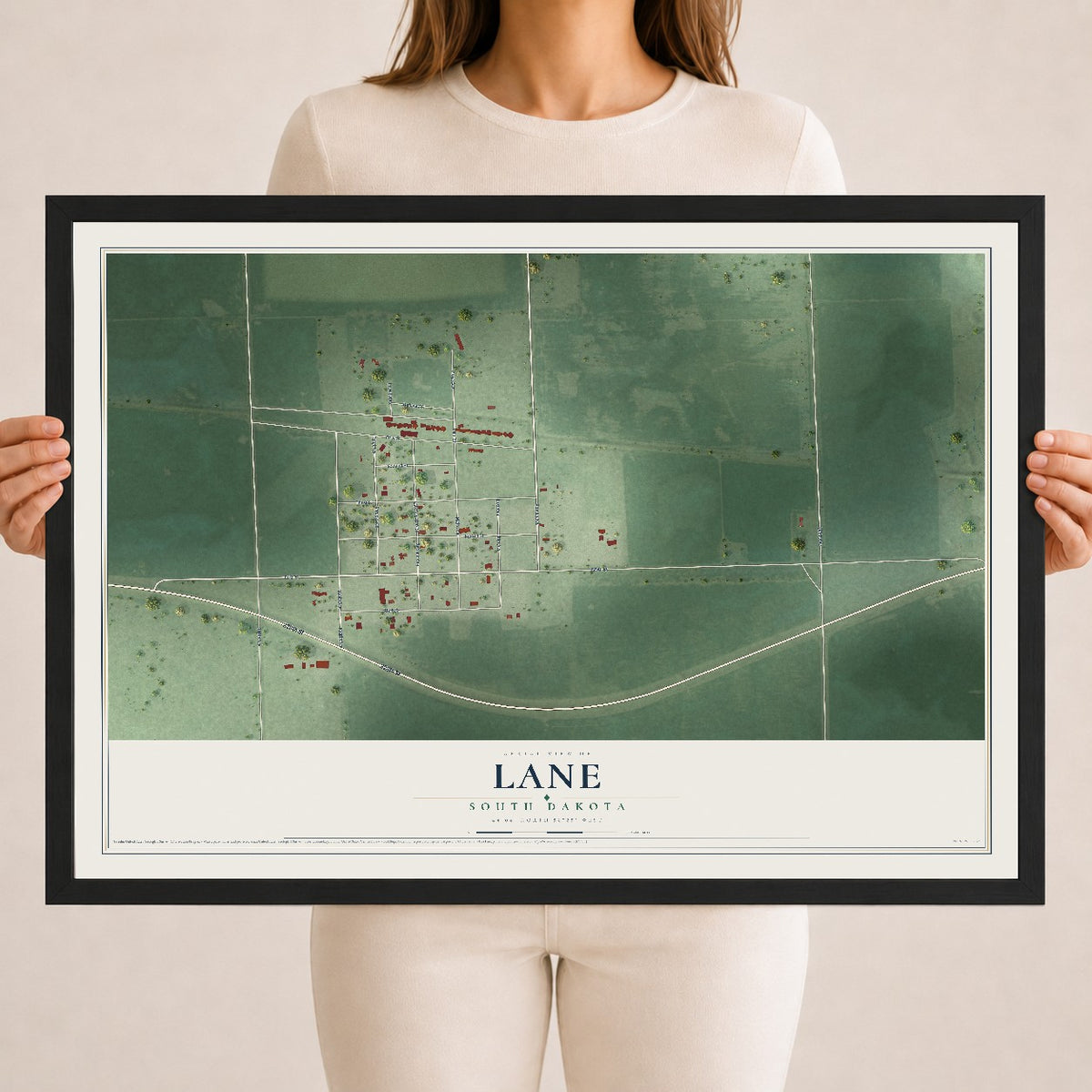 Map of Lane, South Dakota, 18 x 24 inch print in a black wood frame