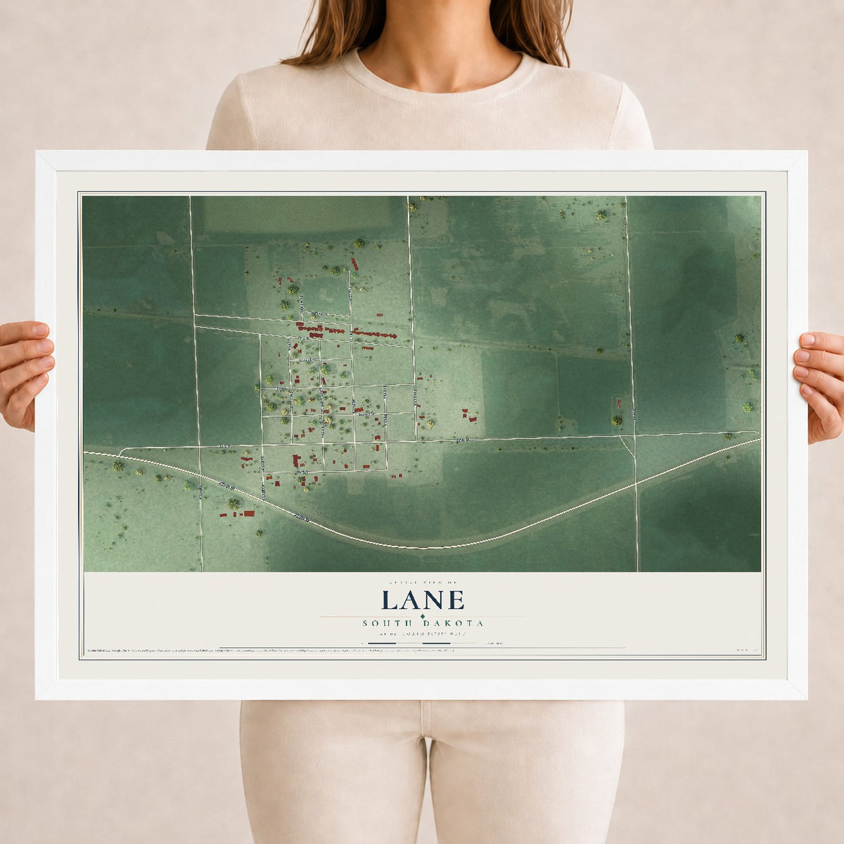 Map of Lane, South Dakota, 18 x 24 inch print in a white wood frame