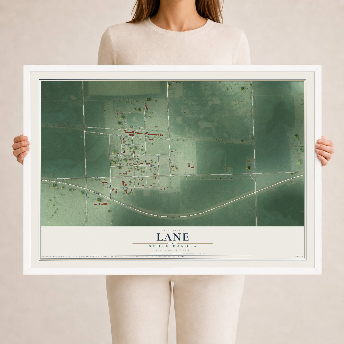 Map of Lane, South Dakota, 24 x 36 inch print in a white wood frame