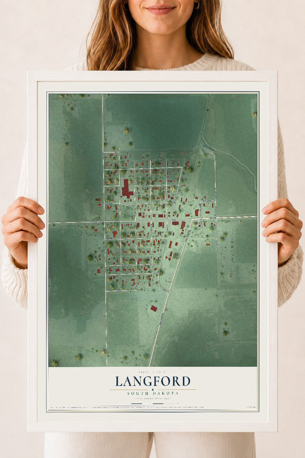 Map of Langford, South Dakota, 18 x 24 inch print in a white wood frame