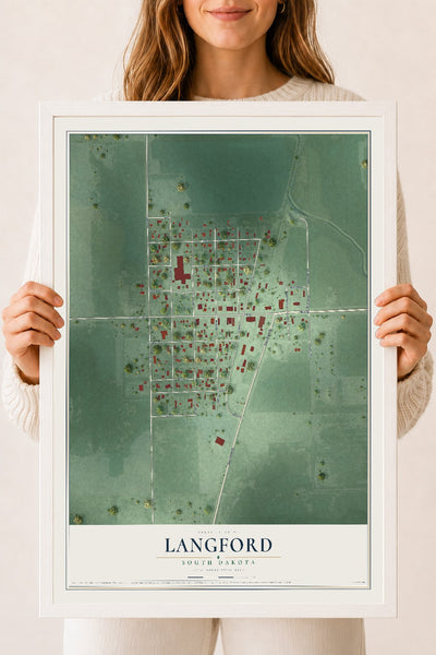 Map of Langford, South Dakota, 18 x 24 inch print in a white wood frame
