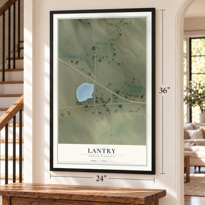 Lantry, South Dakota map, 24 x 36 inch print in a black frame by a staircase