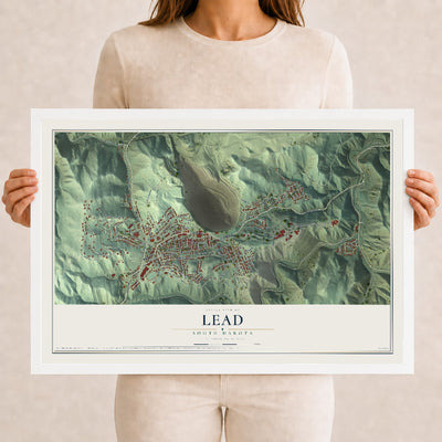 Map of Lead, South Dakota, 12 x 18 inch print in a white wood frame