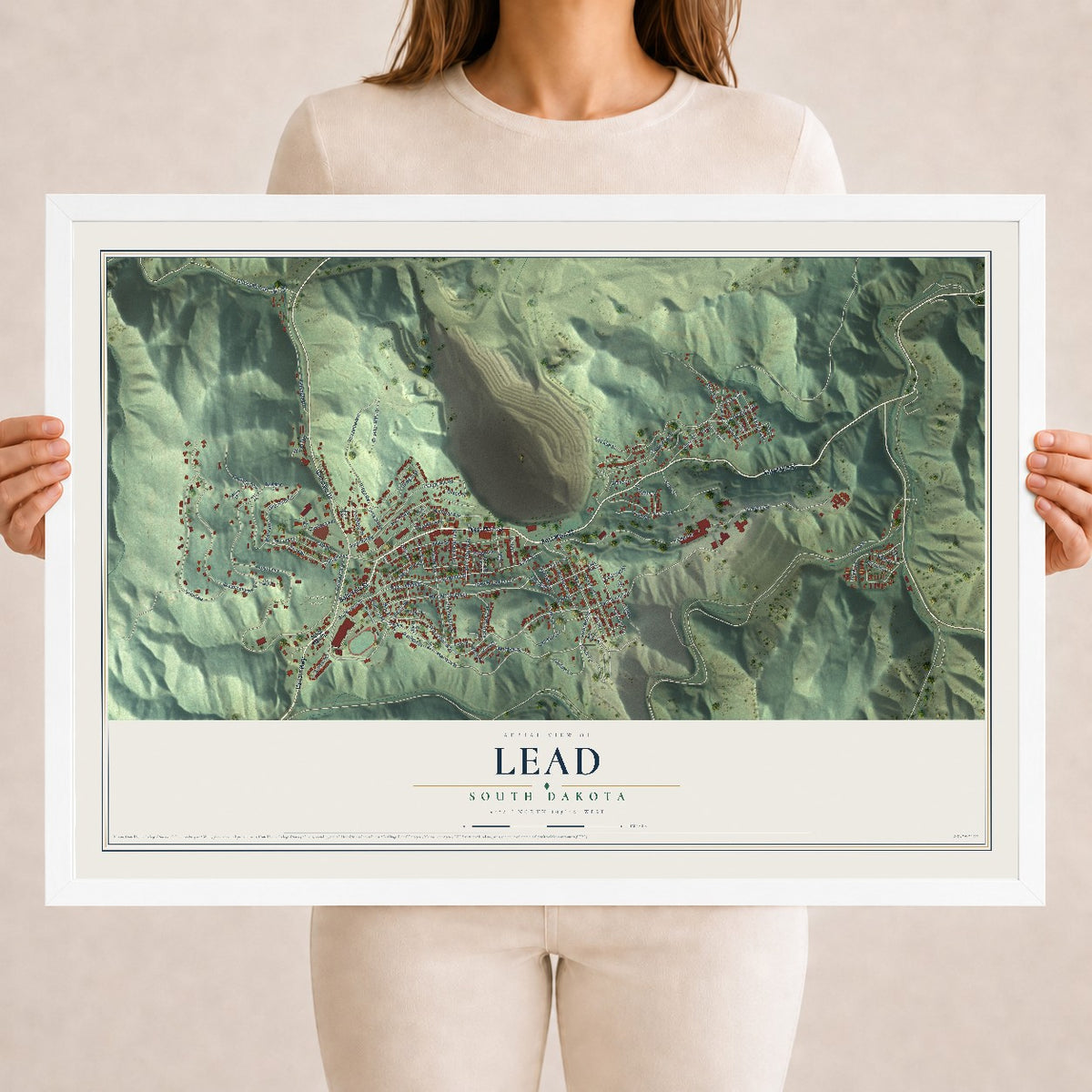 Map of Lead, South Dakota, 18 x 24 inch print in a white wood frame