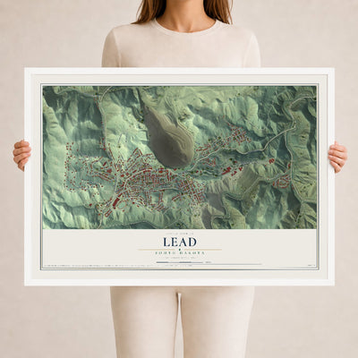 Map of Lead, South Dakota, 24 x 36 inch print in a white wood frame