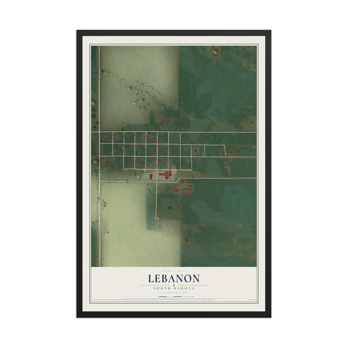 Map of Lebanon, South Dakota, 12 x 18 inch print in a black wood frame