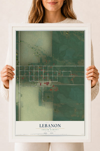 Map of Lebanon, South Dakota, 18 x 24 inch print in a white wood frame