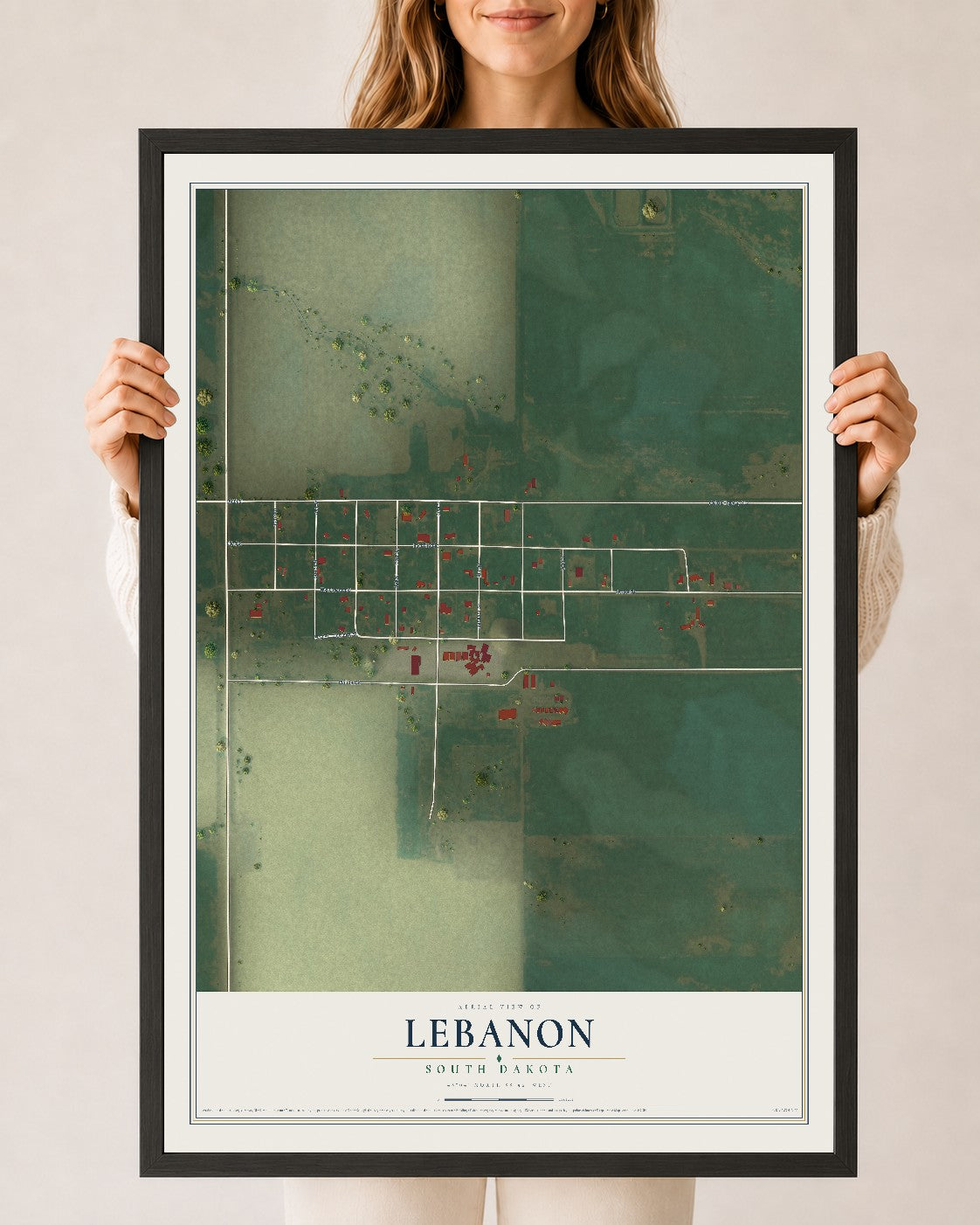 Map of Lebanon, South Dakota, 24 x 36 inch print in a black wood frame