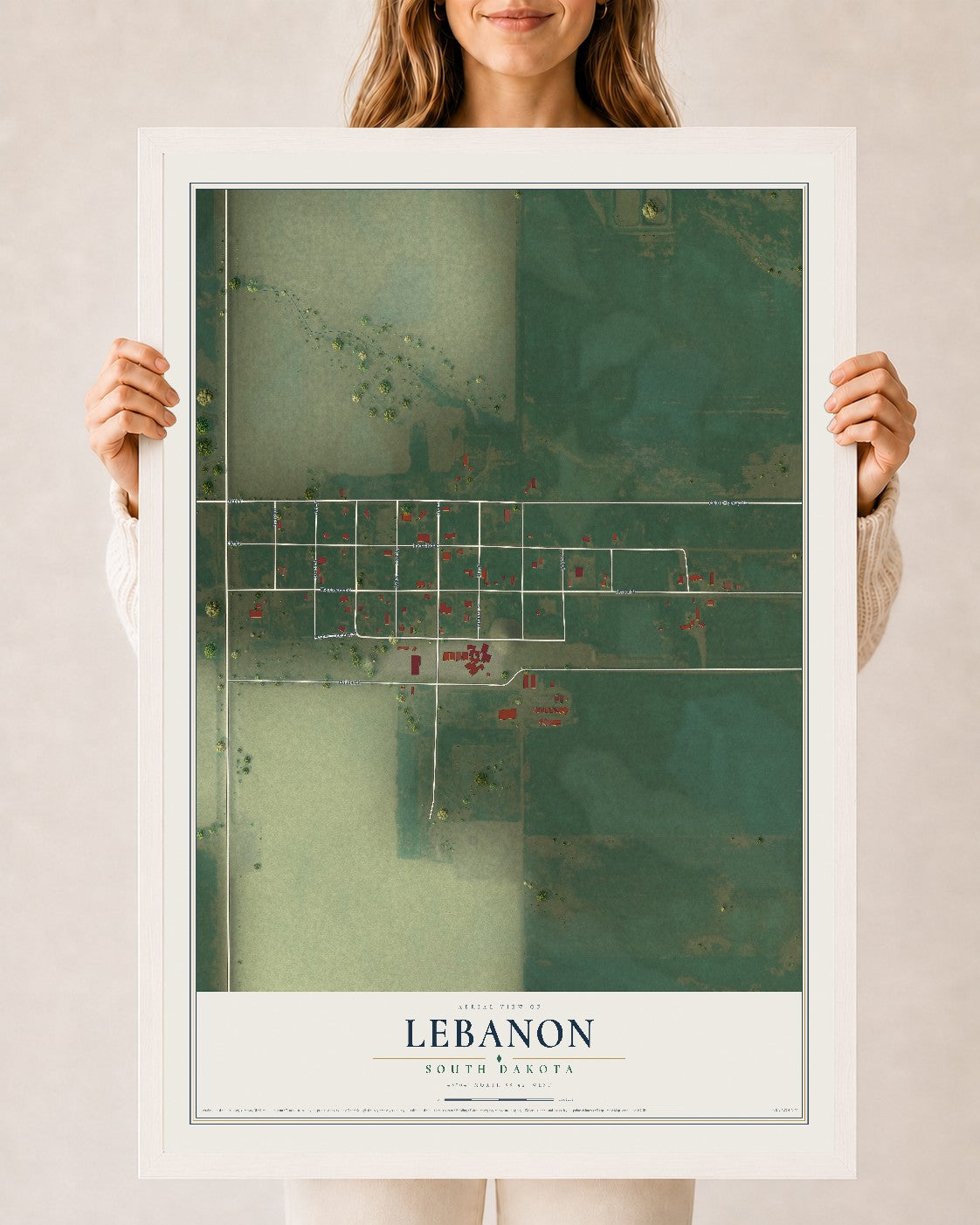 Map of Lebanon, South Dakota, 24 x 36 inch print in a white wood frame