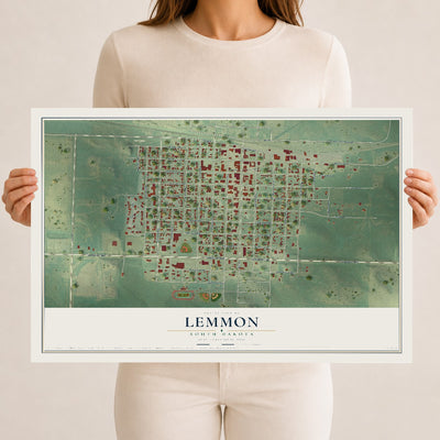Map of Lemmon, South Dakota, 12 x 18 inch unframed archival matte print