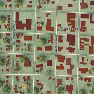 Close-up of the map of Lemmon, South Dakota print showing street and building detail