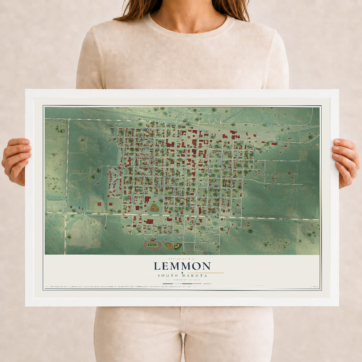 Map of Lemmon, South Dakota, 12 x 18 inch print in a white wood frame