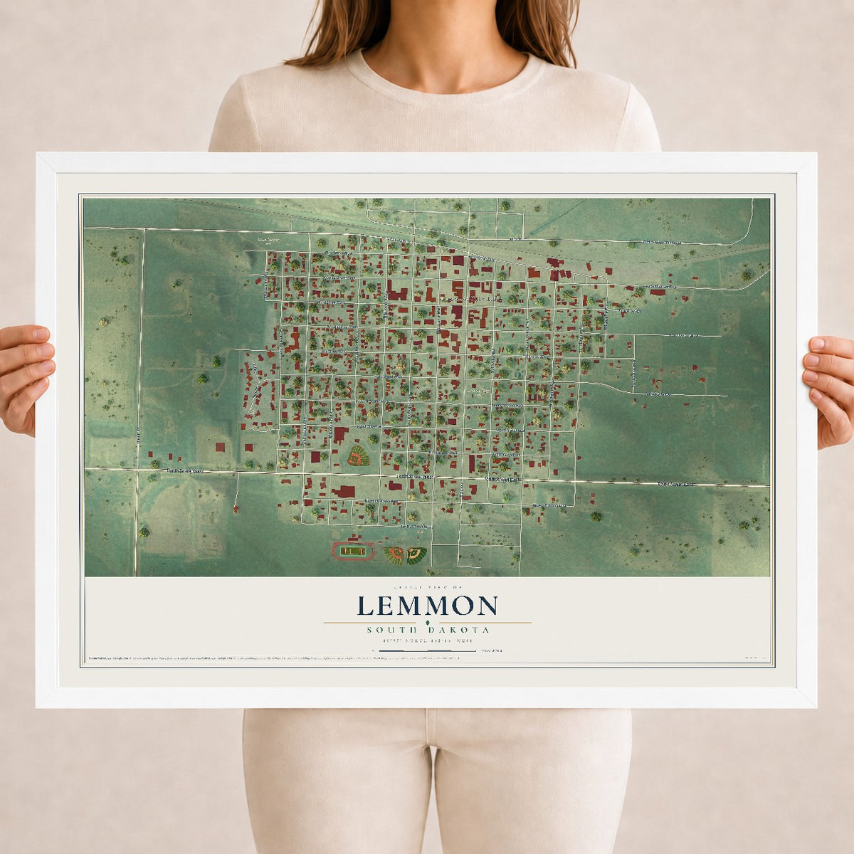 Map of Lemmon, South Dakota, 18 x 24 inch print in a white wood frame