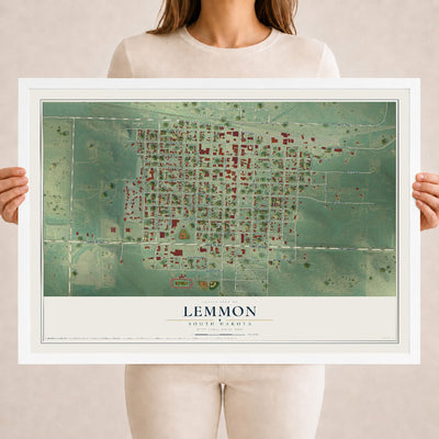Map of Lemmon, South Dakota, 18 x 24 inch print in a white wood frame