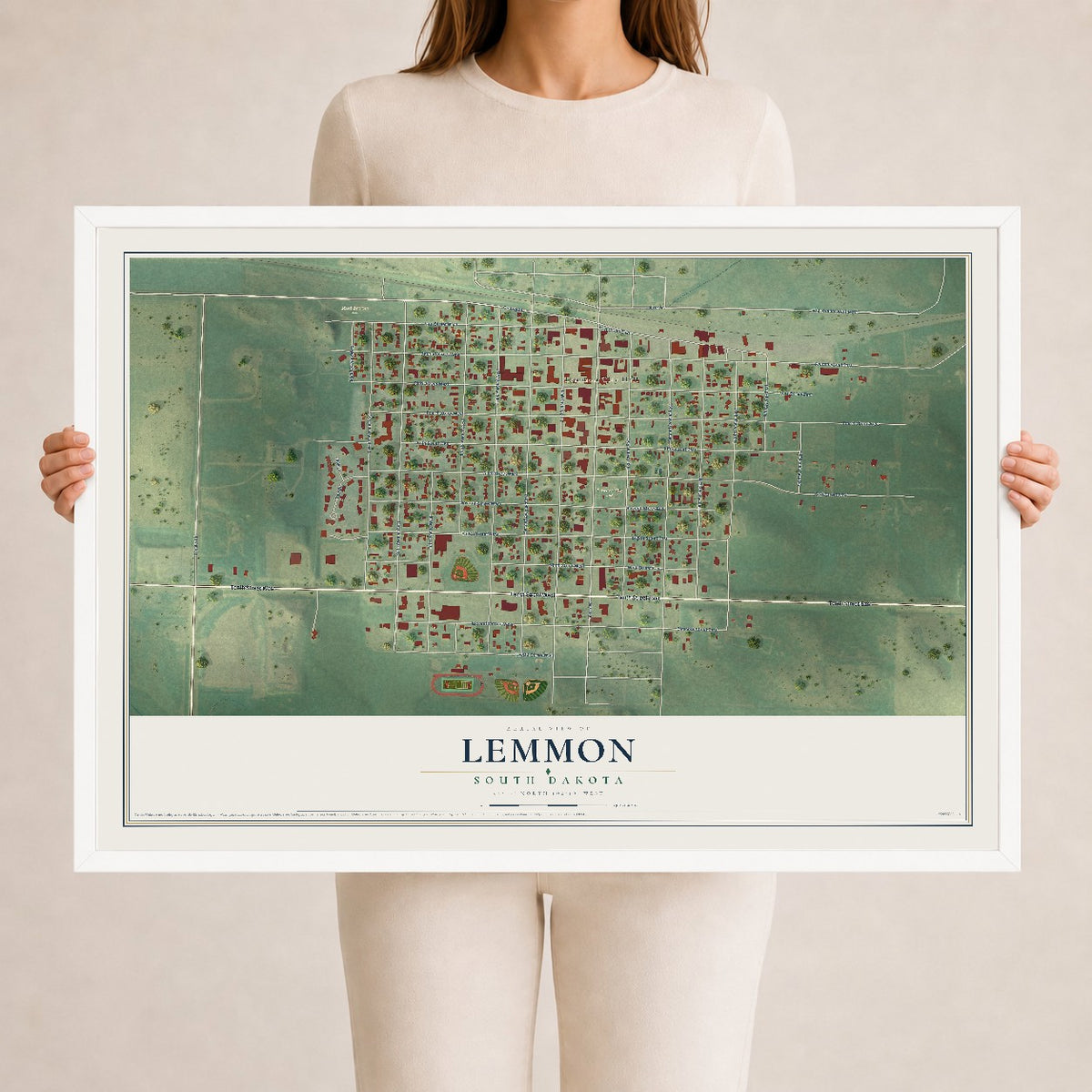 Map of Lemmon, South Dakota, 24 x 36 inch print in a white wood frame