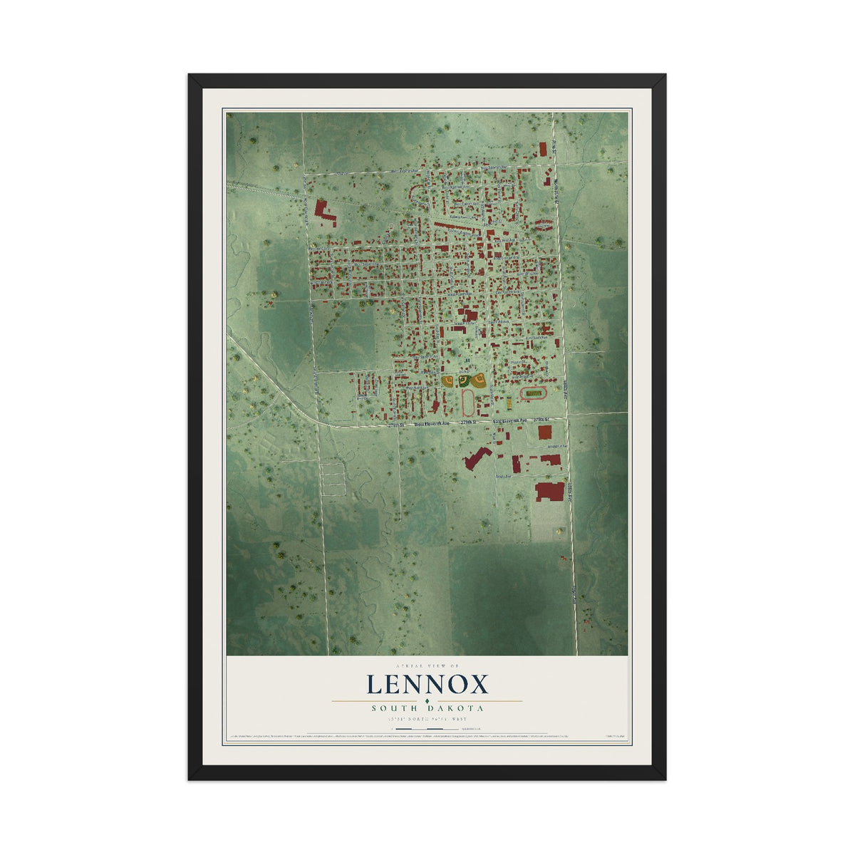 Map of Lennox, South Dakota, 12 x 18 inch print in a black wood frame