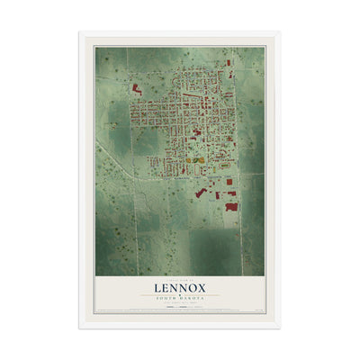 Map of Lennox, South Dakota, 12 x 18 inch print in a white wood frame