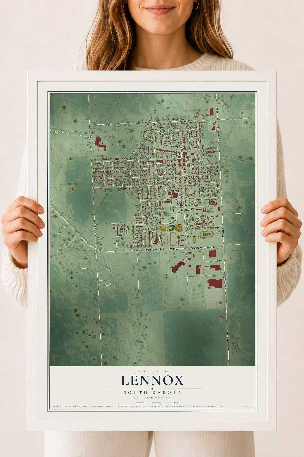Map of Lennox, South Dakota, 18 x 24 inch print in a white wood frame