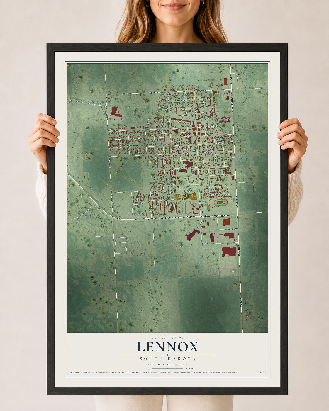 Map of Lennox, South Dakota, 24 x 36 inch print in a black wood frame