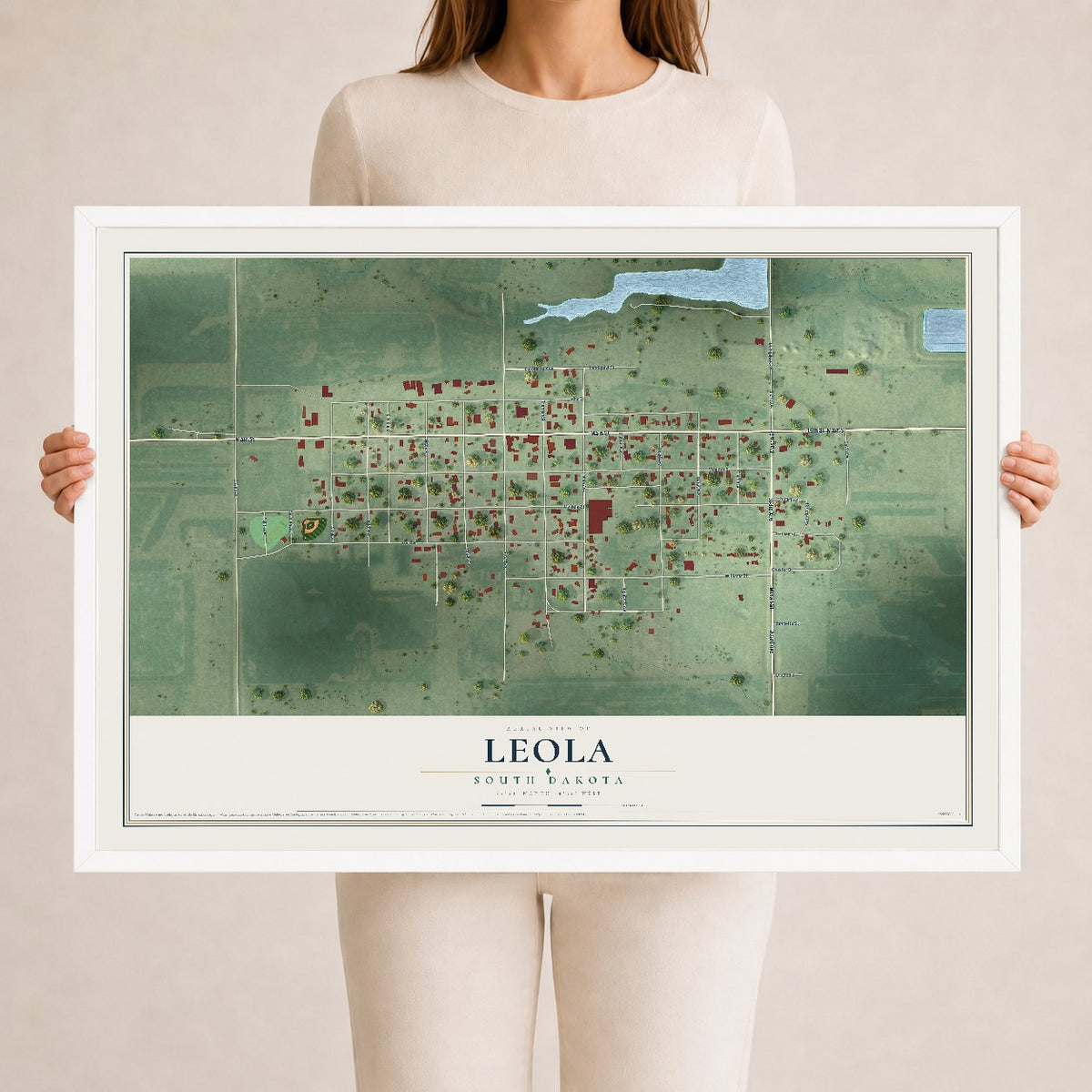 Map of Leola, South Dakota, 24 x 36 inch print in a white wood frame