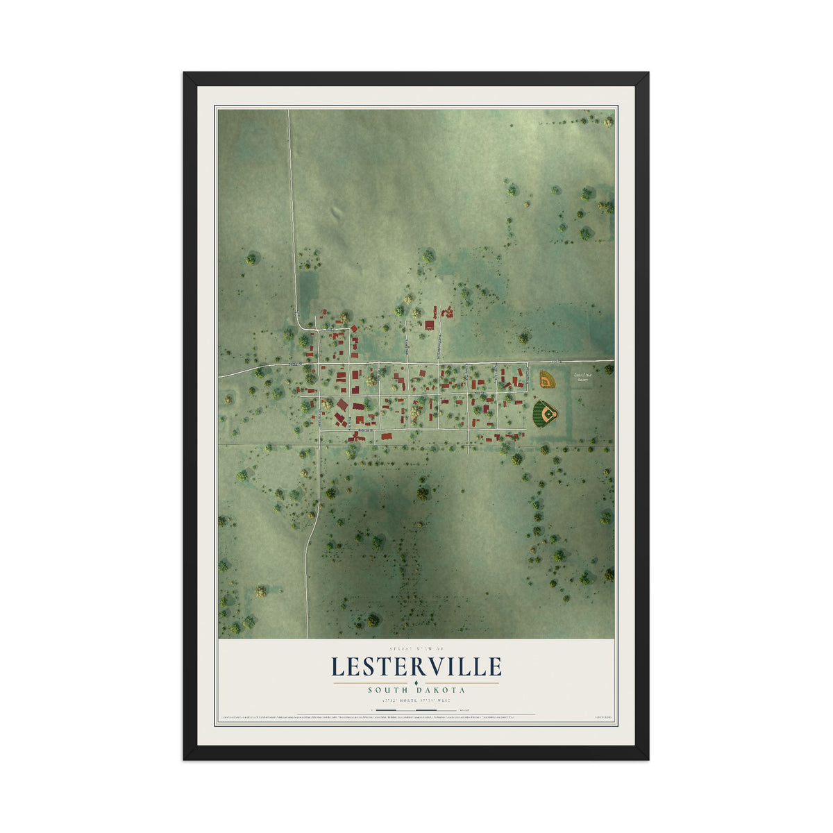 Map of Lesterville, South Dakota, 12 x 18 inch print in a black wood frame