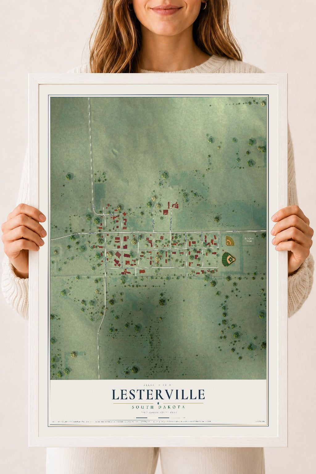Map of Lesterville, South Dakota, 18 x 24 inch print in a white wood frame
