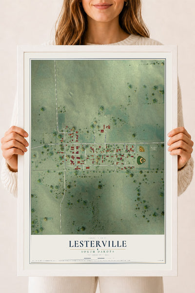 Map of Lesterville, South Dakota, 18 x 24 inch print in a white wood frame