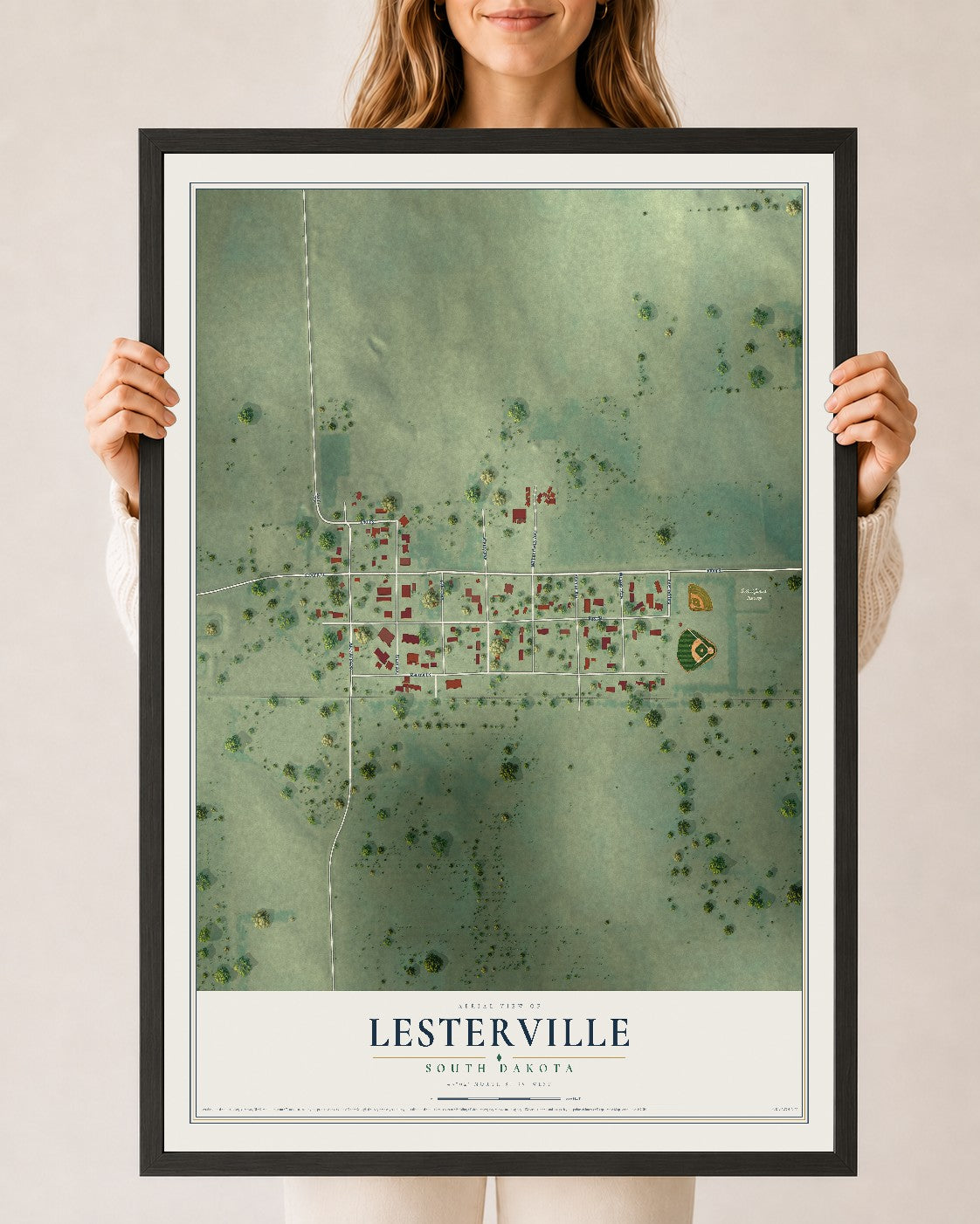 Map of Lesterville, South Dakota, 24 x 36 inch print in a black wood frame