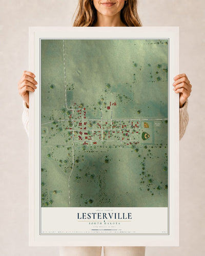 Map of Lesterville, South Dakota, 24 x 36 inch print in a white wood frame