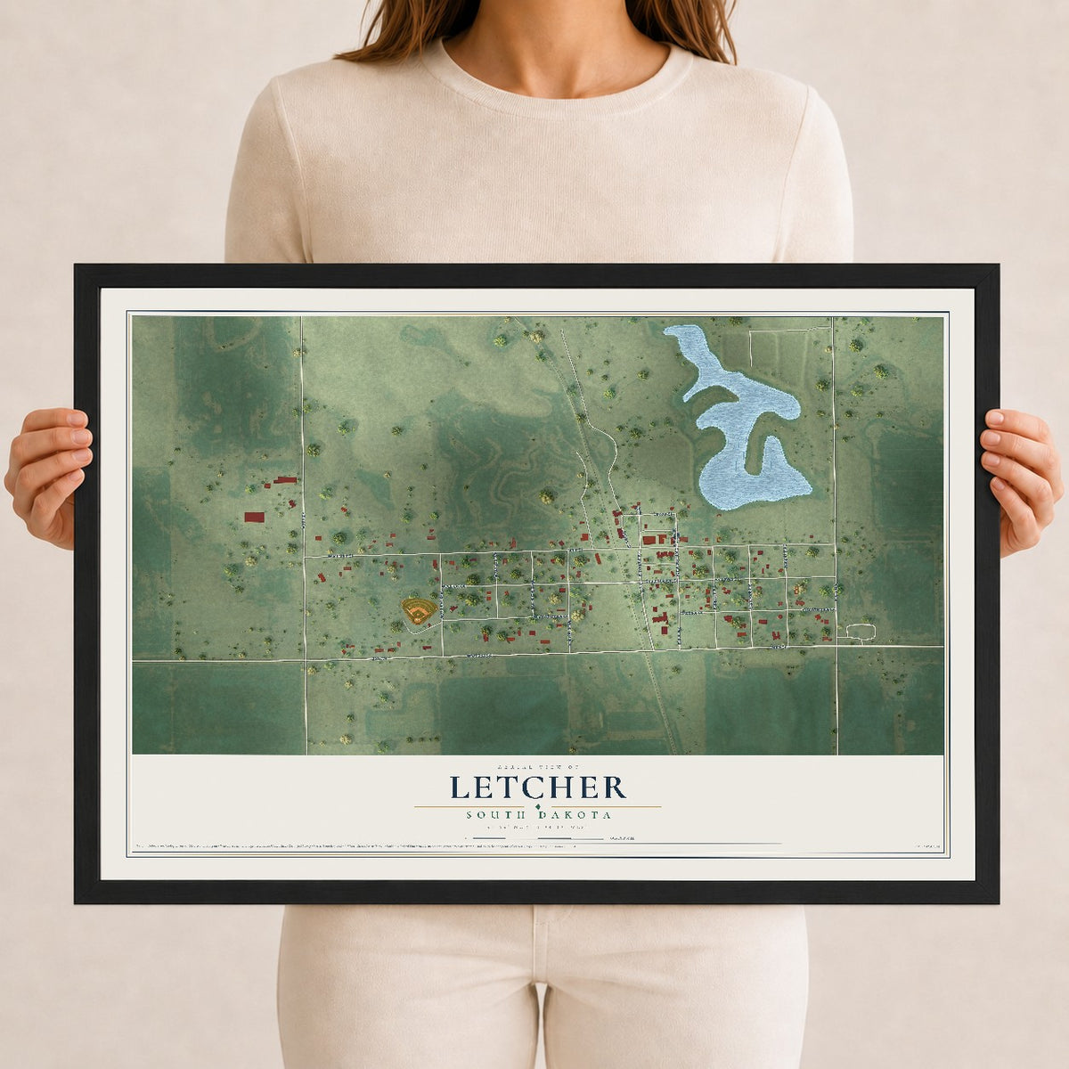 Map of Letcher, South Dakota, 12 x 18 inch print in a black wood frame