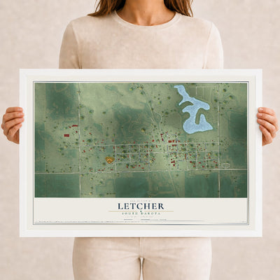 Map of Letcher, South Dakota, 12 x 18 inch print in a white wood frame