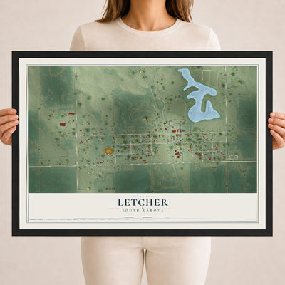 Map of Letcher, South Dakota, 18 x 24 inch print in a black wood frame