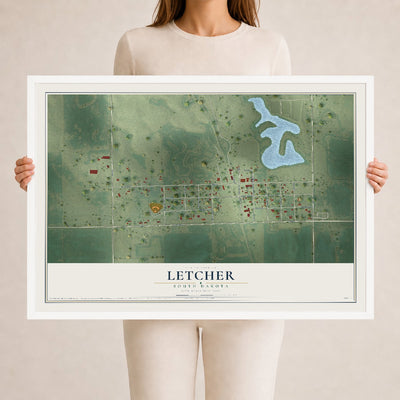 Map of Letcher, South Dakota, 24 x 36 inch print in a white wood frame
