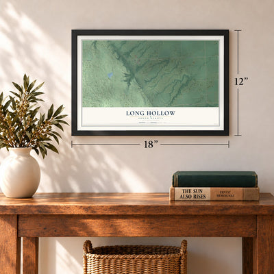 Long Hollow, South Dakota map, 12 x 18 inch print in a black frame in an entryway