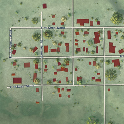 Close-up of the map of Long Lake, South Dakota print showing street and building detail