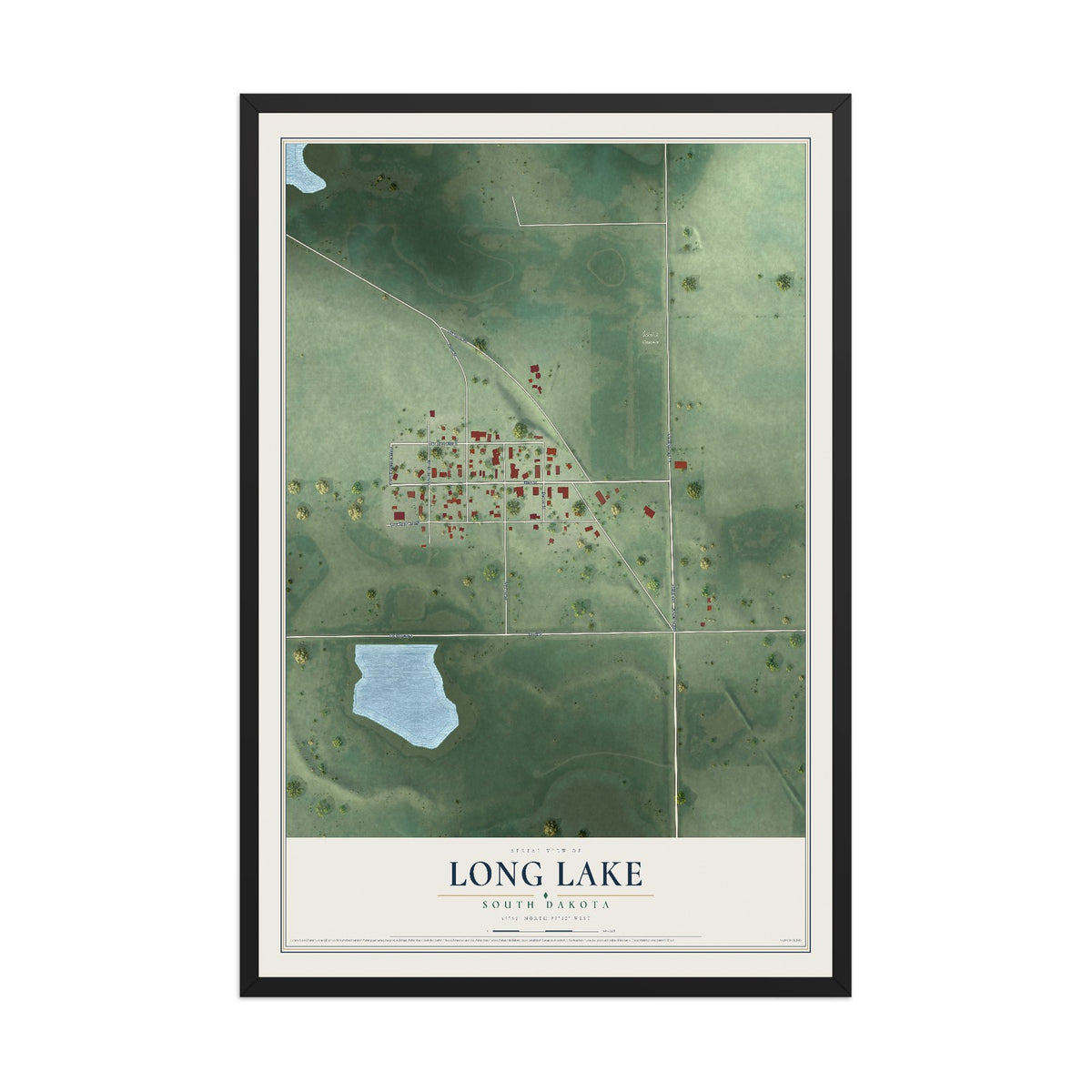 Map of Long Lake, South Dakota, 12 x 18 inch print in a black wood frame