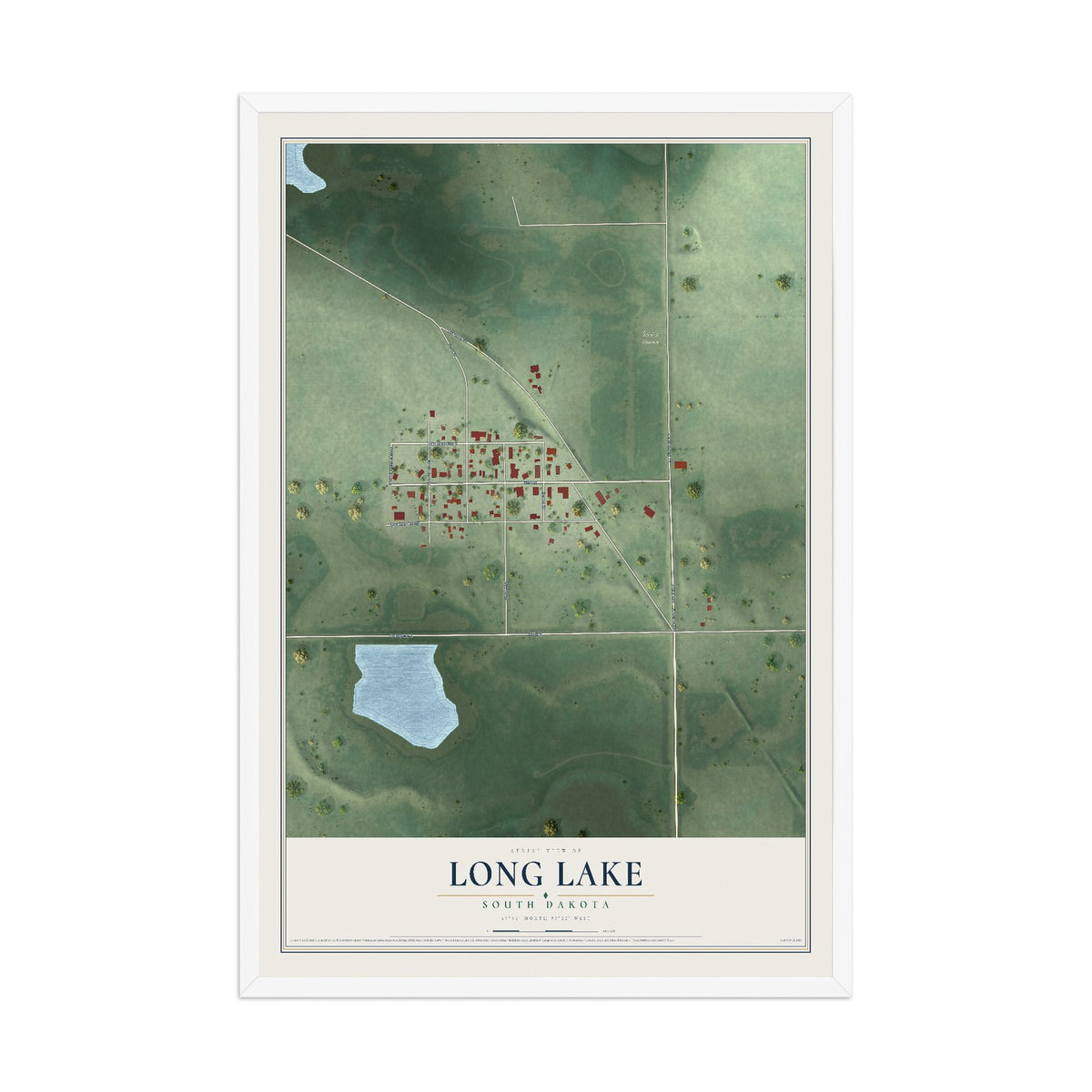 Map of Long Lake, South Dakota, 12 x 18 inch print in a white wood frame