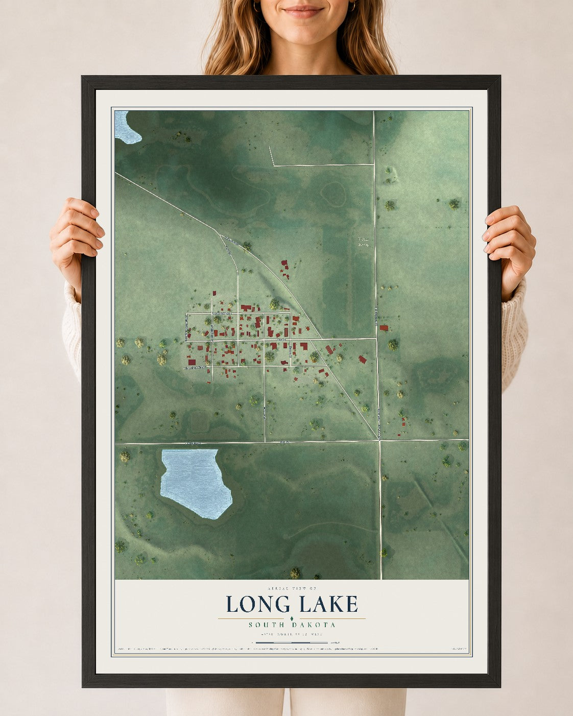 Map of Long Lake, South Dakota, 24 x 36 inch print in a black wood frame