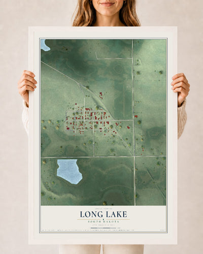 Map of Long Lake, South Dakota, 24 x 36 inch print in a white wood frame