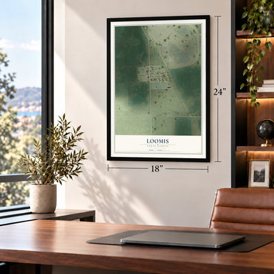 Loomis, South Dakota map, 18 x 24 inch print in a black frame in a home office