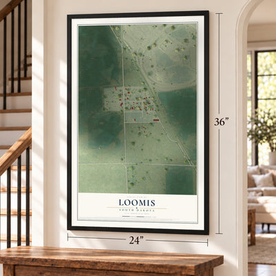 Loomis, South Dakota map, 24 x 36 inch print in a black frame by a staircase