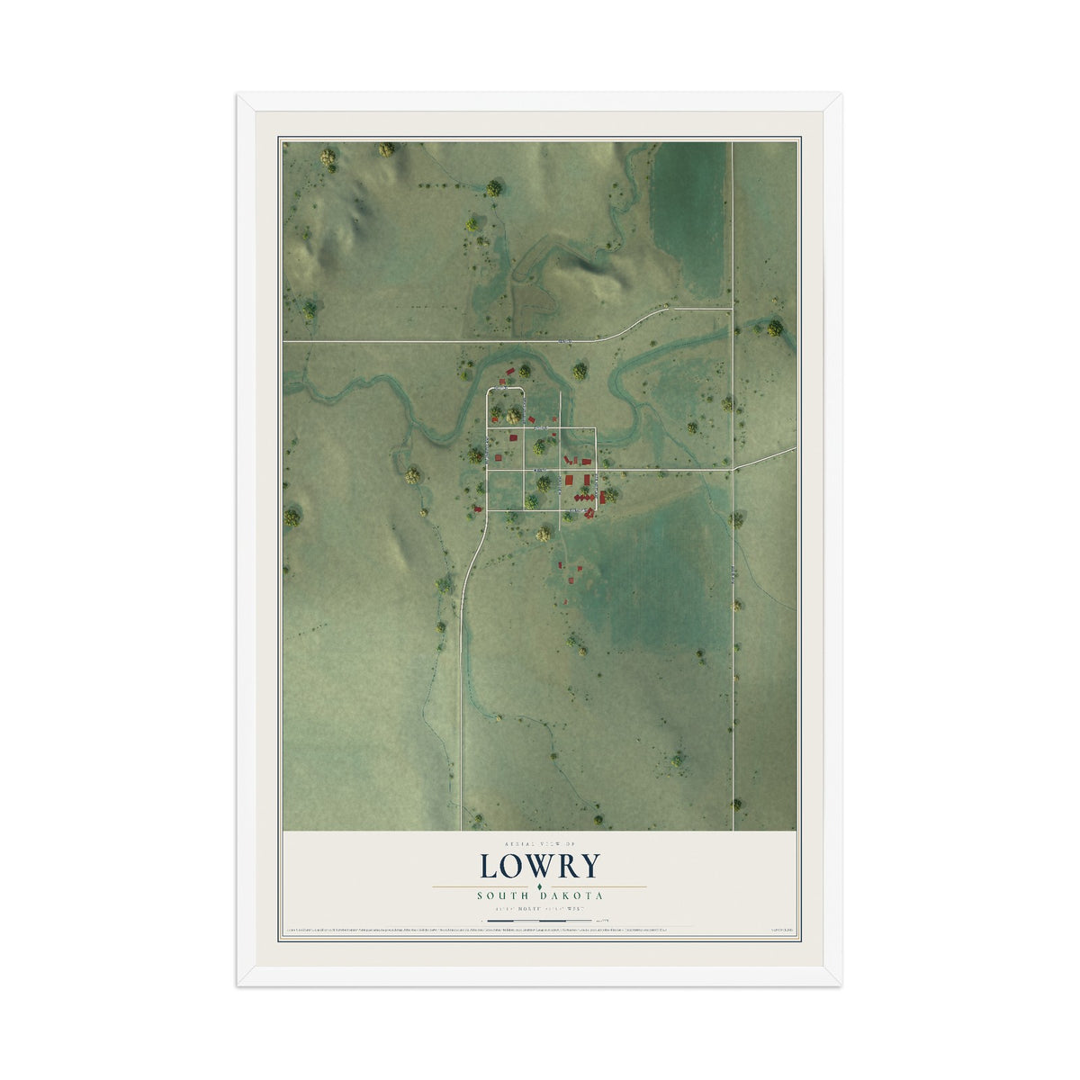 Map of Lowry, South Dakota, 12 x 18 inch print in a white wood frame