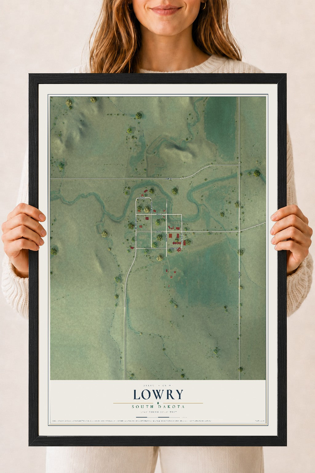 Map of Lowry, South Dakota, 18 x 24 inch print in a black wood frame