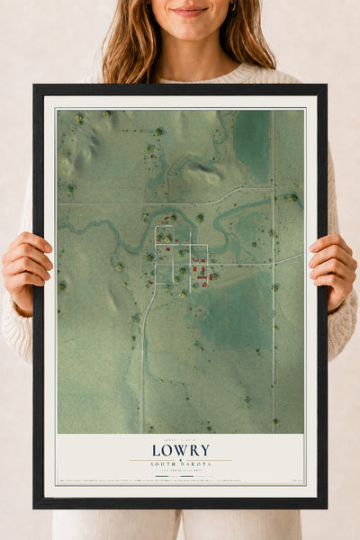 Map of Lowry, South Dakota, 18 x 24 inch print in a black wood frame