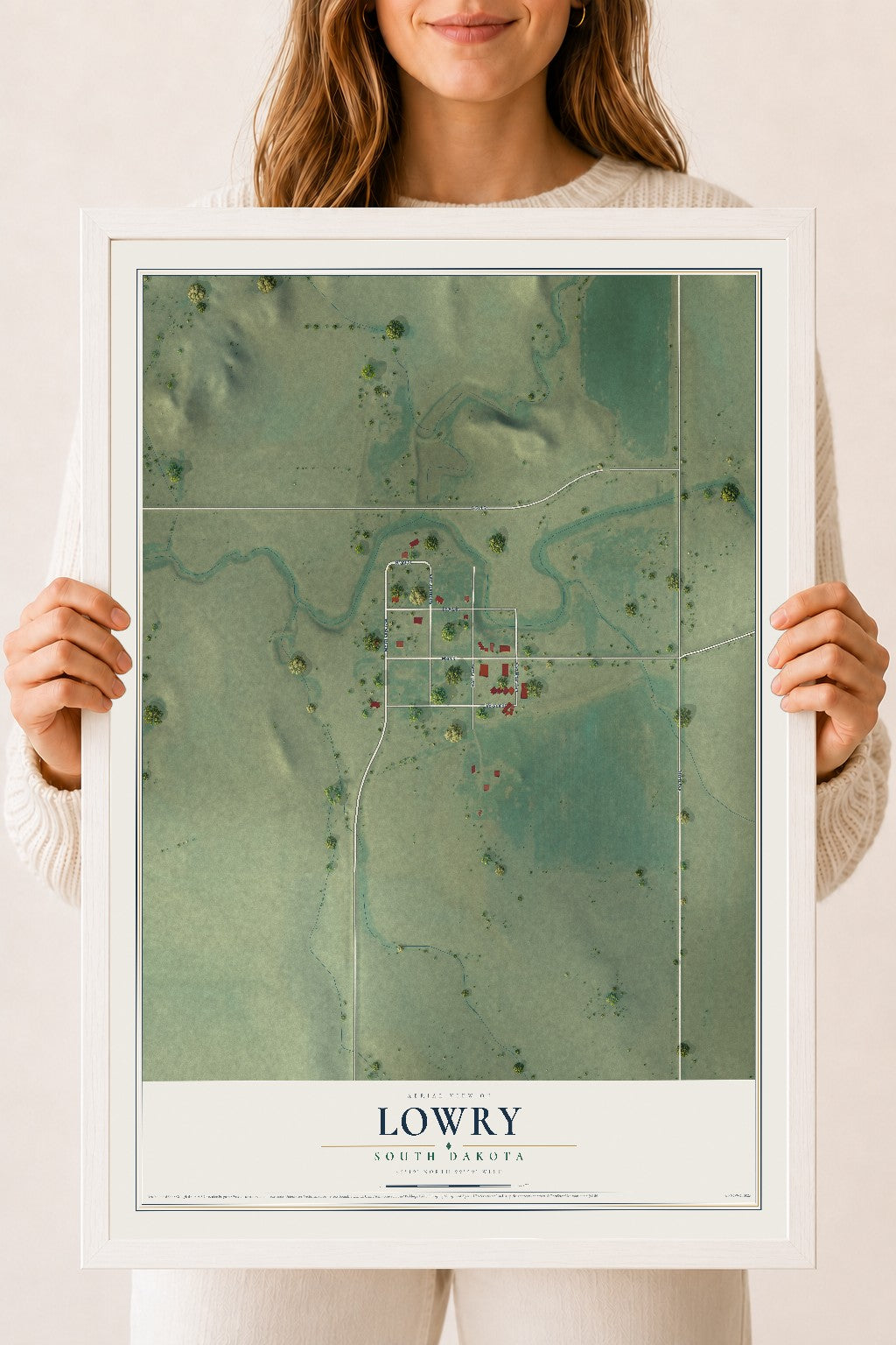 Map of Lowry, South Dakota, 18 x 24 inch print in a white wood frame