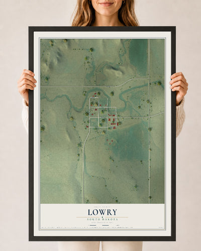 Map of Lowry, South Dakota, 24 x 36 inch print in a black wood frame